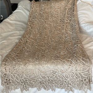Silken Poetry Beige Silk maxi skirt with light gray beadwork and cream silk lace